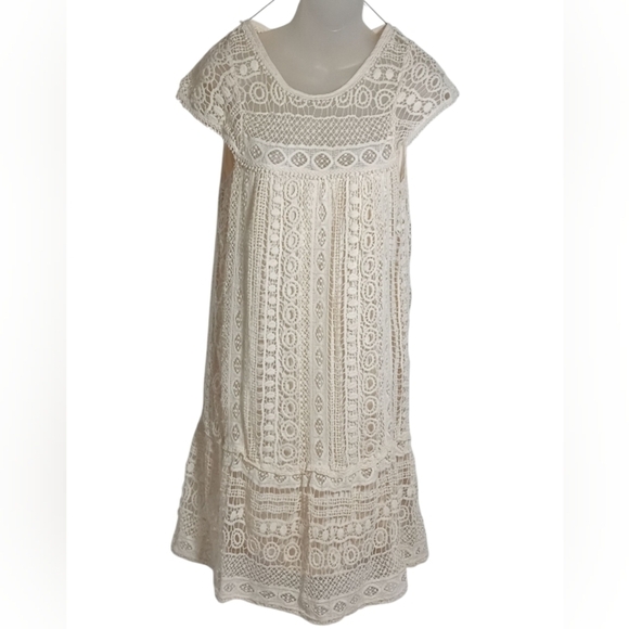 Anthropologie Maeve Cream Crochet Overlay Shift Dress Boho Lace Cap Sleeve Small - Picture 2 of 9